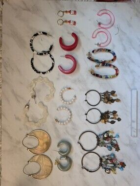 11 Assorted Women's Hoop Earrings - Pink, Red, Multicolor, Pearl, Gold Tones